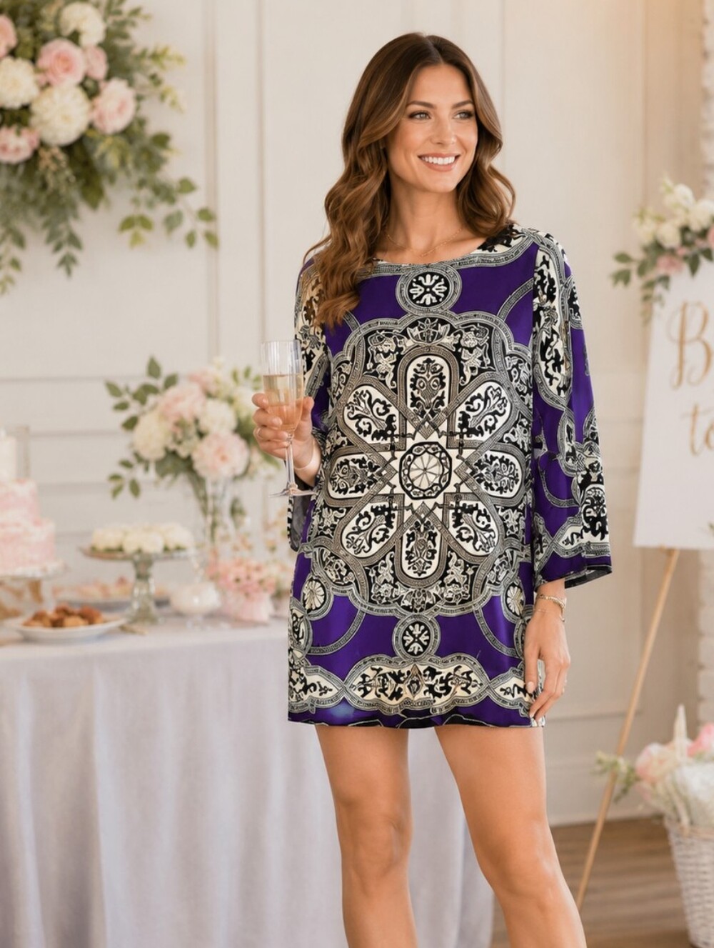 Nicole Miller Studio One Long Sleeve Printed Silk Shift Dress Career Women's S